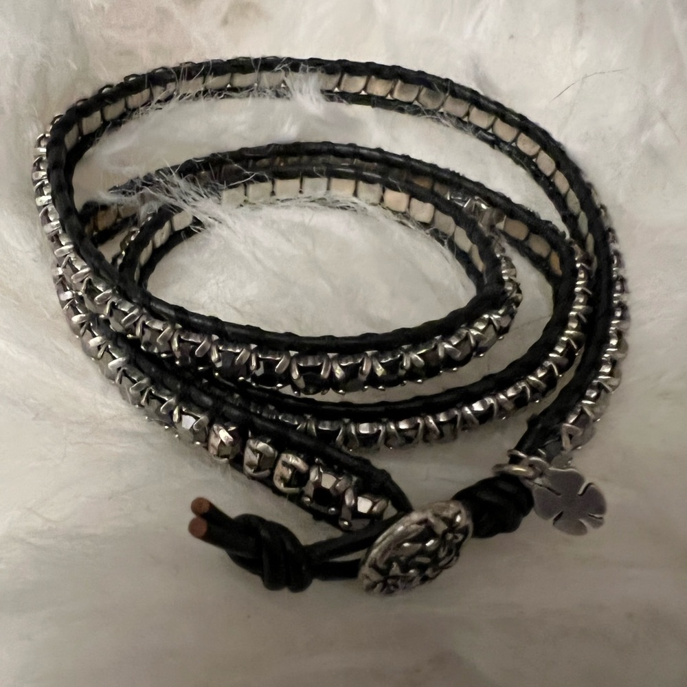 Lucky Brand Boho Gypsy Leather Wrap Bracelet Silver Beads with Brand Charm